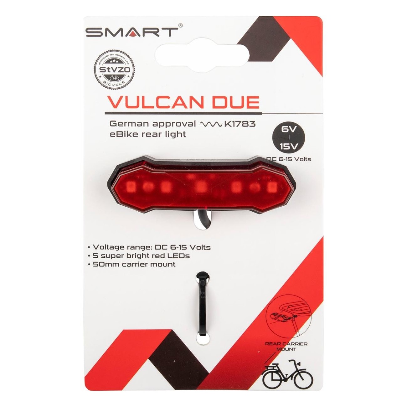 Vulcan Due Rear Light for E-bike, 5 LEDs, 6-15V, Rack Mount 50mm, StVZO Certified - 2