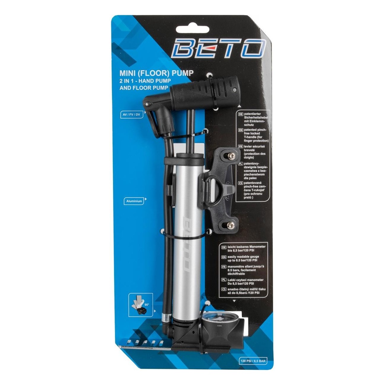 BETO 2 in 1 Mini Pump with Pressure Gauge, Silver/Black, 125 PSI, Foldable T Handle - 3