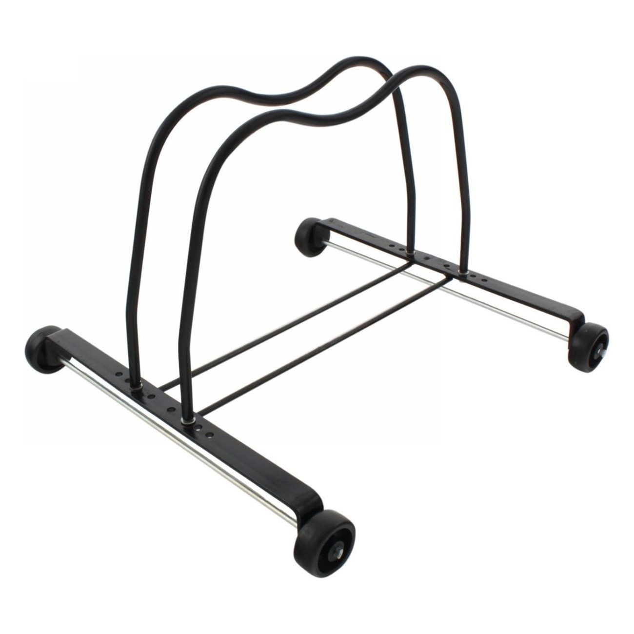 Black Steel Bicycle Display Stand with Adjustable Wheels and Scratch Cover - 1