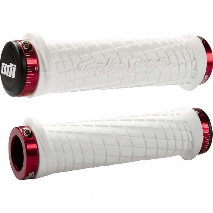 Poignées MTB ODI Troy Lee Designs Lock-On Blanches avec Colliers Rouges 130mm - 1