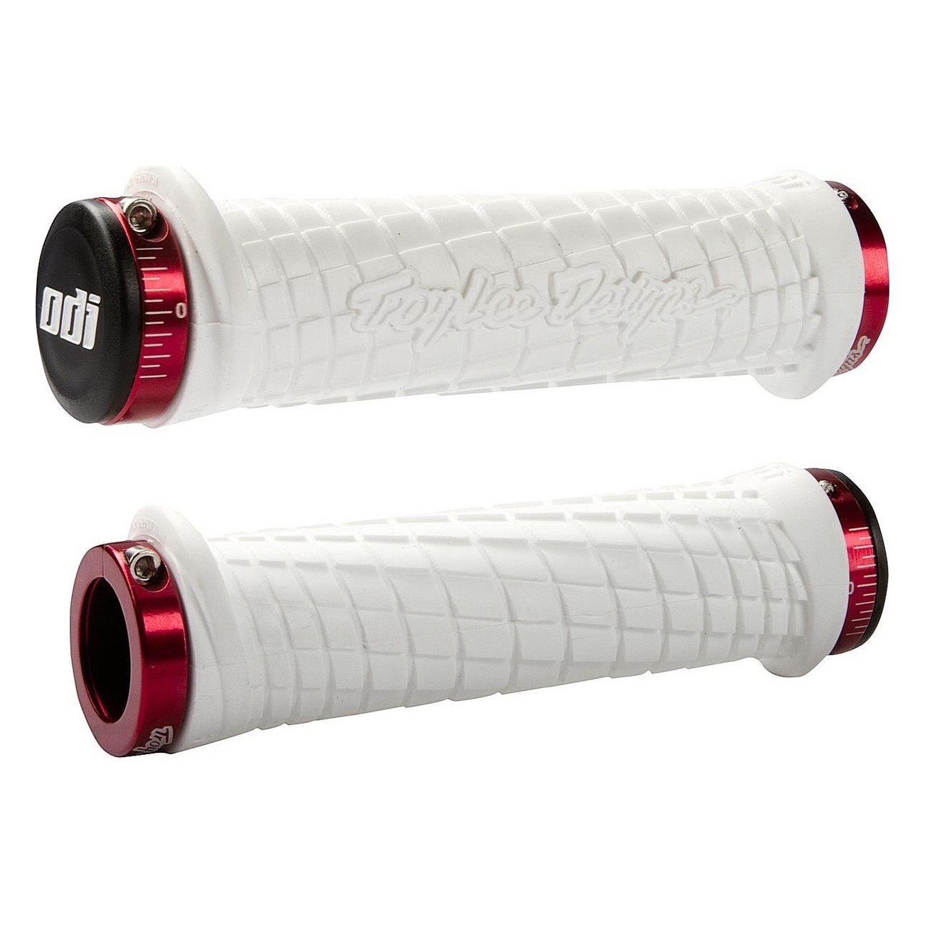 ODI Troy Lee Designs White Lock-On MTB Grips with Red Clamps 130mm - 1