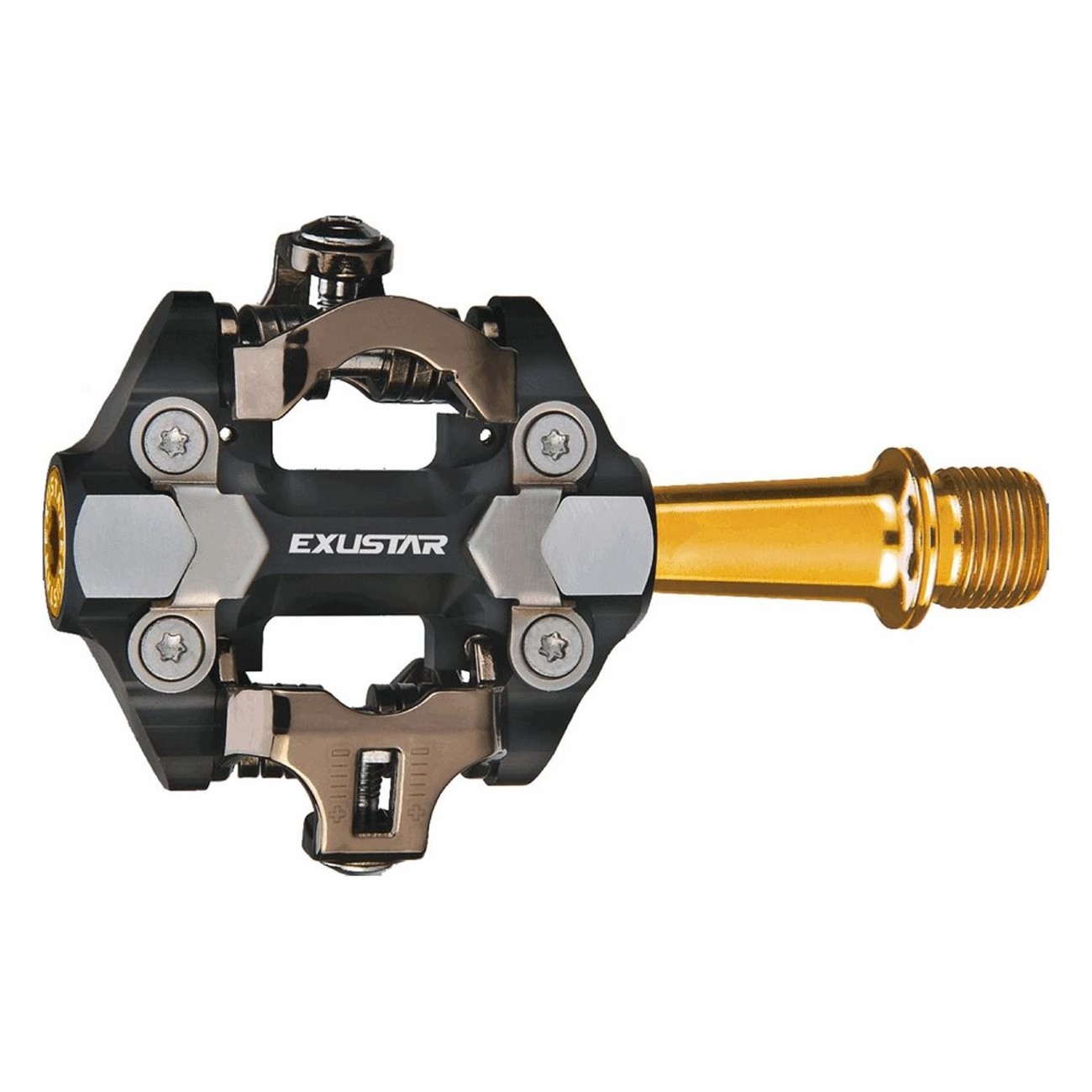 MTB Pedals E-PM222 Black/Gold Aluminum with Titanium Axle, 82x61mm, SPD Compatible - 1