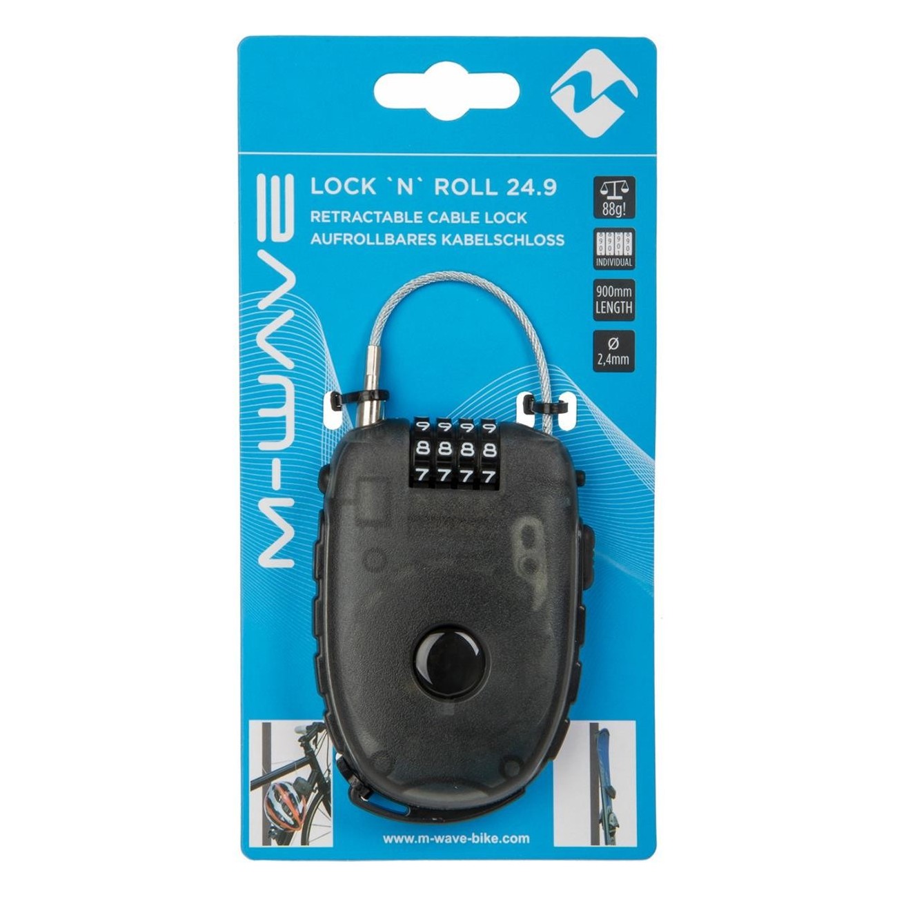 M-Wave Lock 'N' Roll Retractable Cable Lock, 2.4mm x 90cm, Black, Adjustable Code - 3