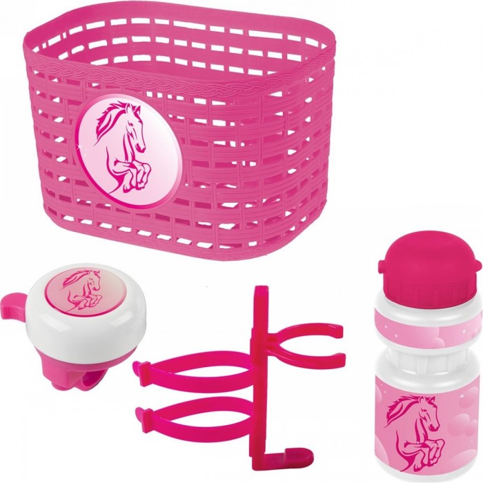 Pink 'Horse' Kids Set with Basket, Bell and Ventura Water Bottle - 1