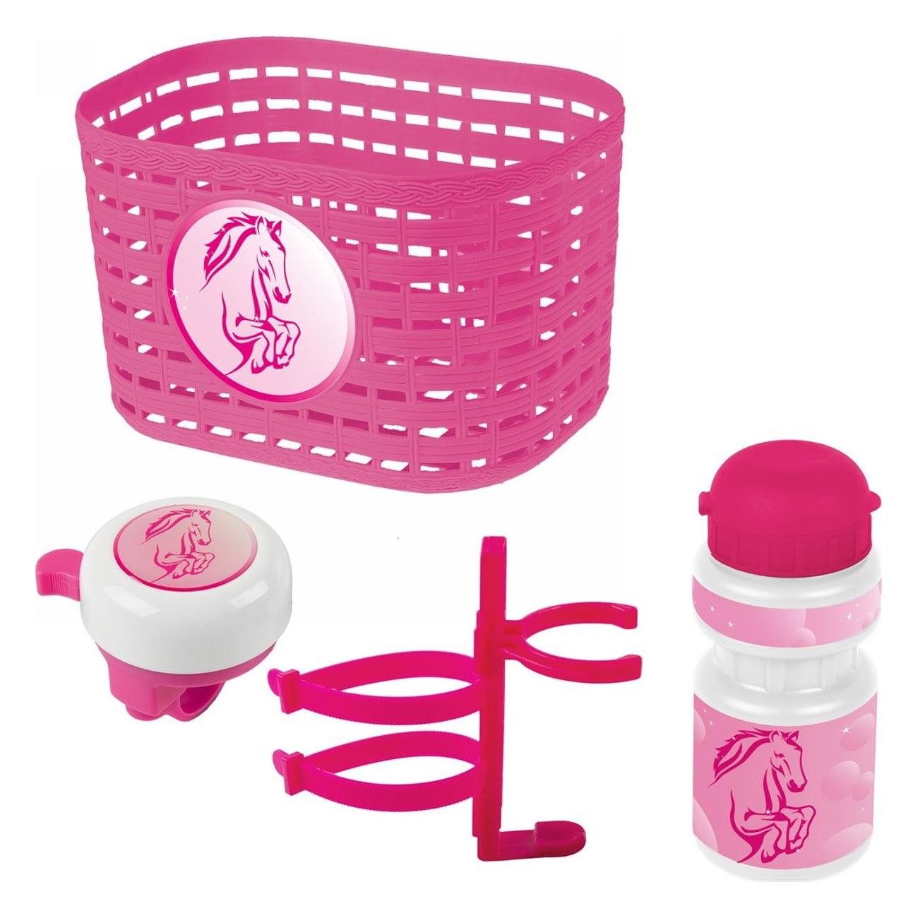 Pink 'Horse' Kids Set with Basket, Bell and Ventura Water Bottle - 1