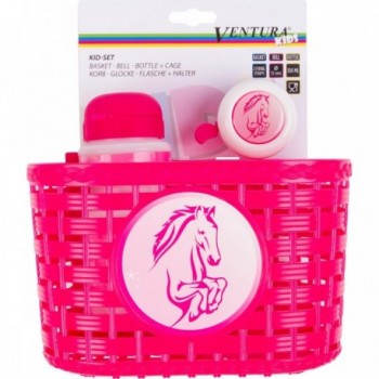 Pink 'Horse' Kids Set with Basket, Bell and Ventura Water Bottle - 2