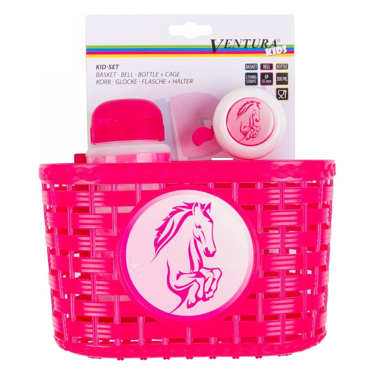 Pink 'Horse' Kids Set with Basket, Bell and Ventura Water Bottle - 2