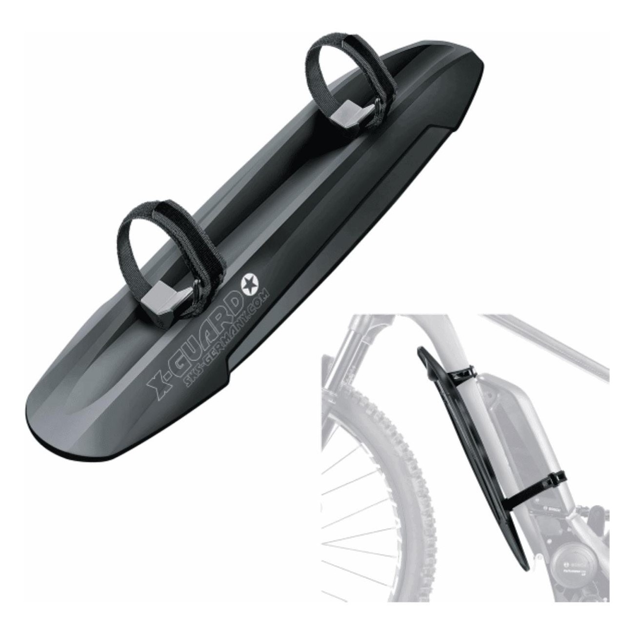 Universal Front Mudguard X-Guard Black for E-MTB with Extra Long Velcro - 1