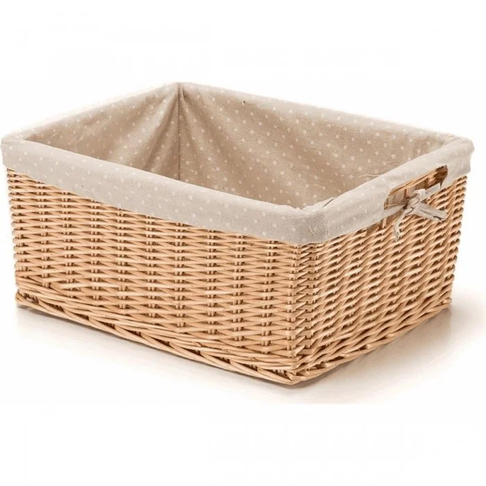 Cestino in Vimini Rettangolare Piccolo con Fodera a Pois, 41x31x19 cm, Colore Naturale - 1 - Cestini - 8051772123406