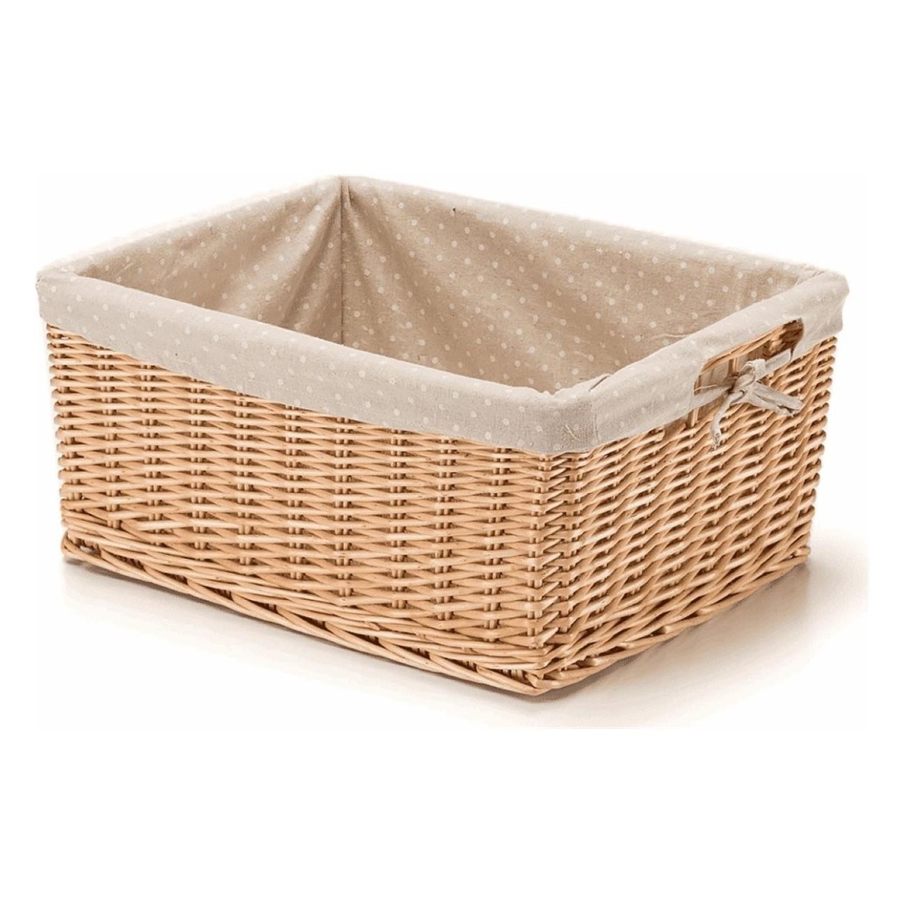 Cestino in Vimini Rettangolare Piccolo con Fodera a Pois, 41x31x19 cm, Colore Naturale - 1 - Cestini - 8051772123406