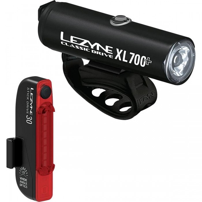 Classic Drive XL 700+ Set Luci Bicicletta con Supporto in Gomma Siliconica, Nero Satinato - Luce Anteriore 700 Lumen e Posterior