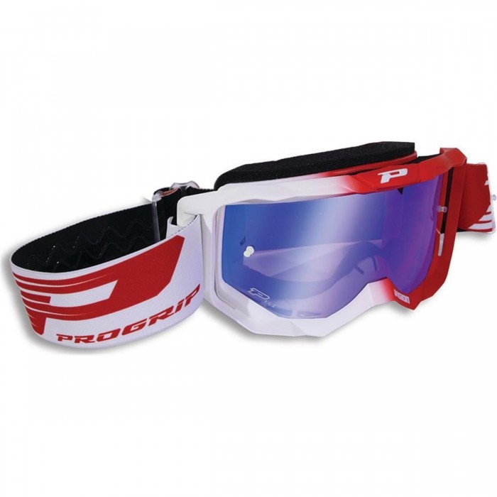 PROGRIP 3300 Maske Weiß/Rot mit blauer Anti-UV-Spiegelglas und TEAR-OFF-System - 1