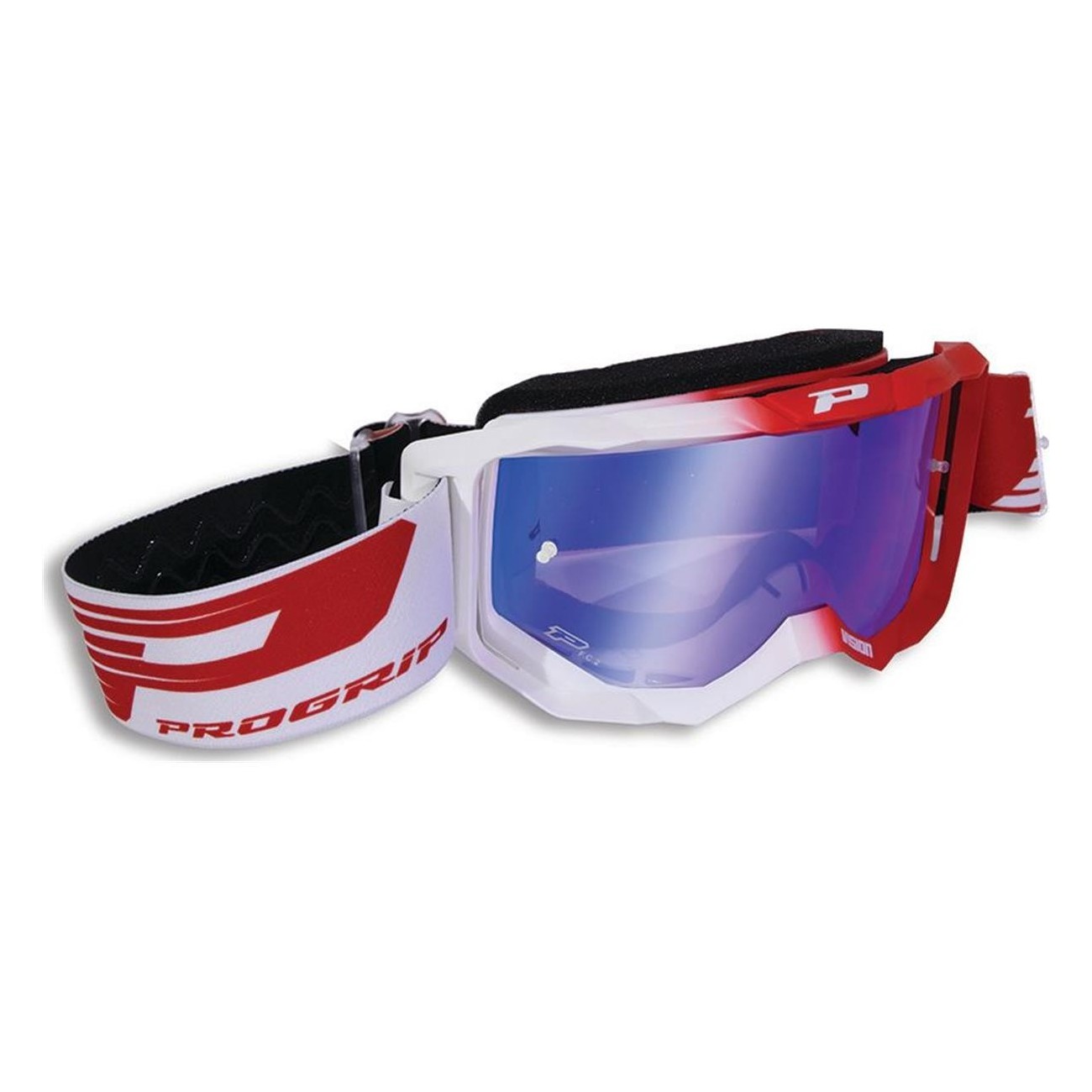 PROGRIP 3300 White/Red Goggles with Blue Mirrored Anti-UV Lens and TEAR-OFF System - 1