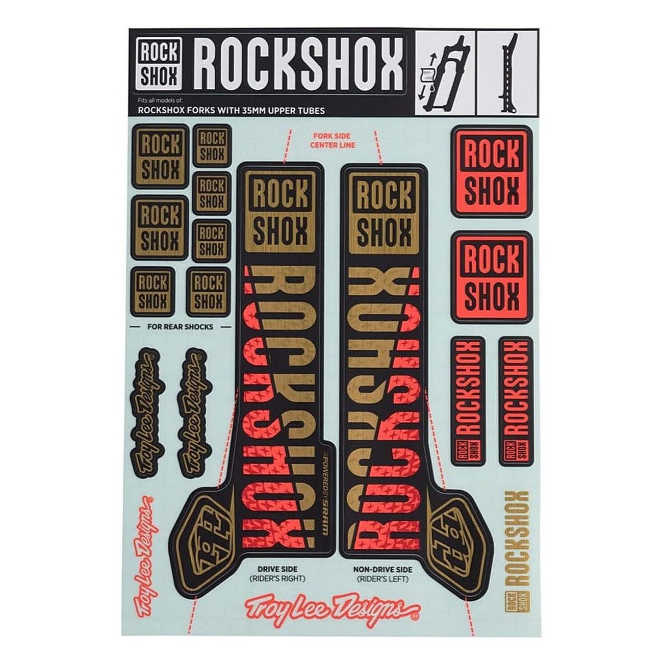 Troy Lee Designs 35mm Gold/Orange Sticker Kit for Pike, Lyrik, Yari, Domain, Revela - 1