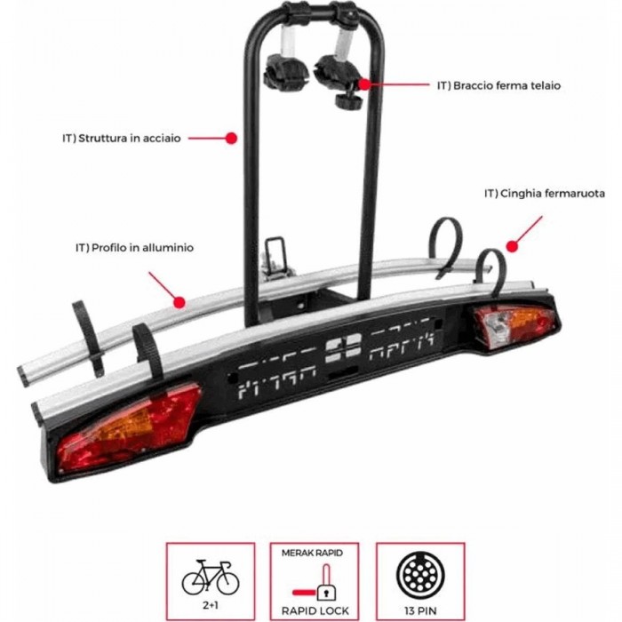 Portabici MERAK per Gancio Traino - 2 Bici, Compatto e Leggero, Type S Fisso - 1 - Portabici - 8003168043584