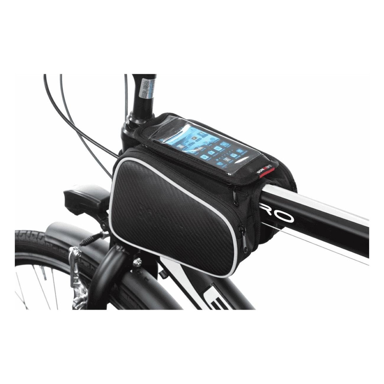 Borsa Porta Smartphone BONINBIKE per Telaio Bicicletta con Tasche Laterali, Nera e Impermeabile - 1 - Borse e bauletti - 8055320