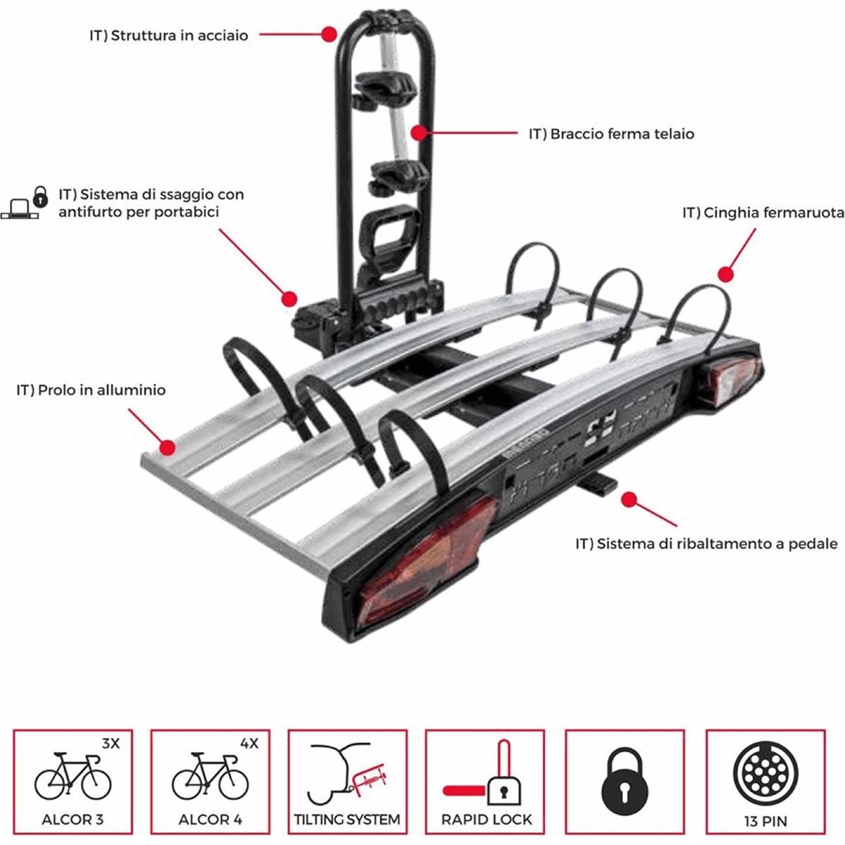 8003168040095 - Alcor Fahrradträger für Anhängerkupplung 3 Fahrräder E-Bike und FAT BIKE